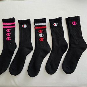 Champion Logo Black Crew Socks Women's 5 Pairs New